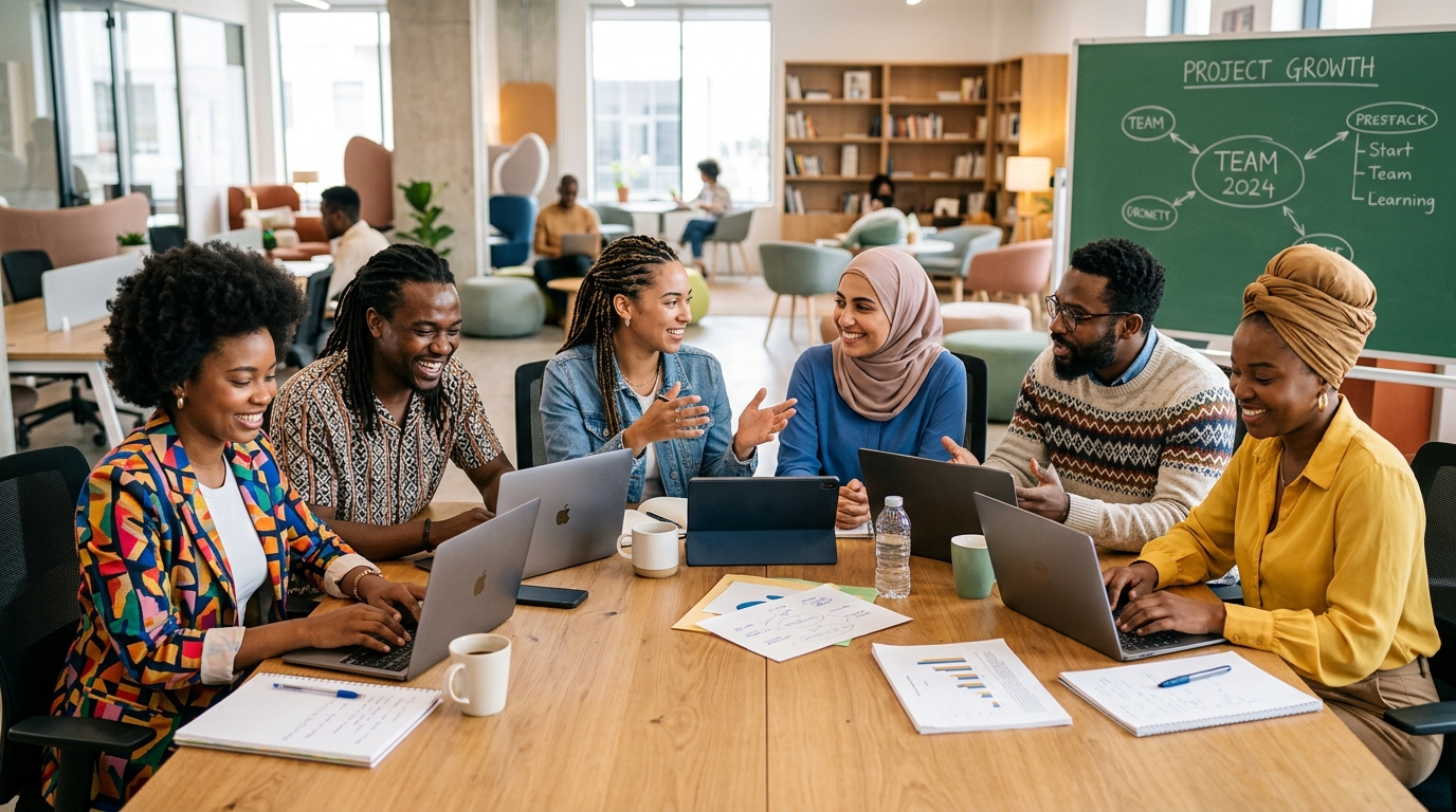 Diverse WealthyForty community members learning together around laptop