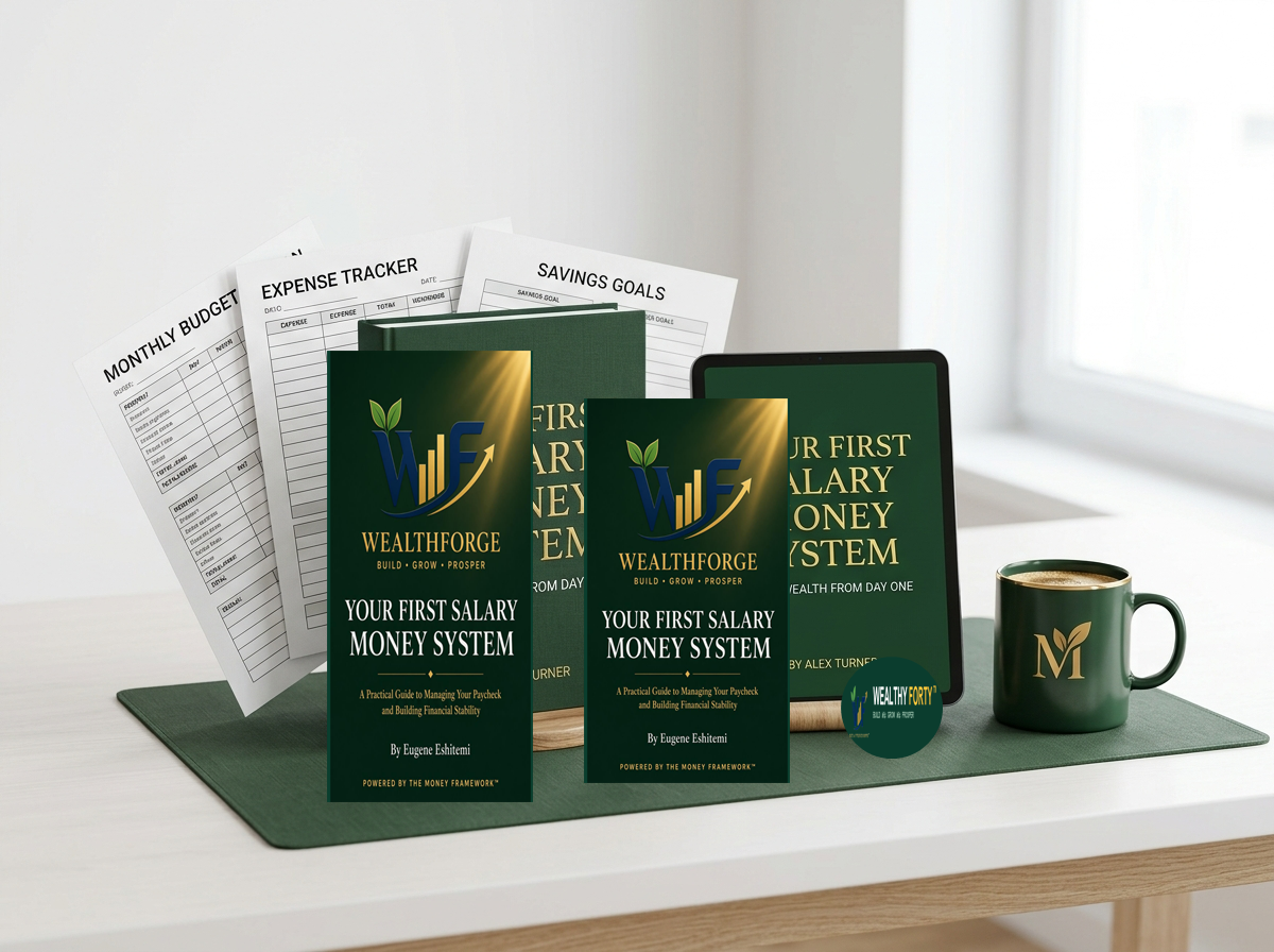 Your First Salary Money System Book, Tablet, Worksheets and WealthyForty Mug Bundle