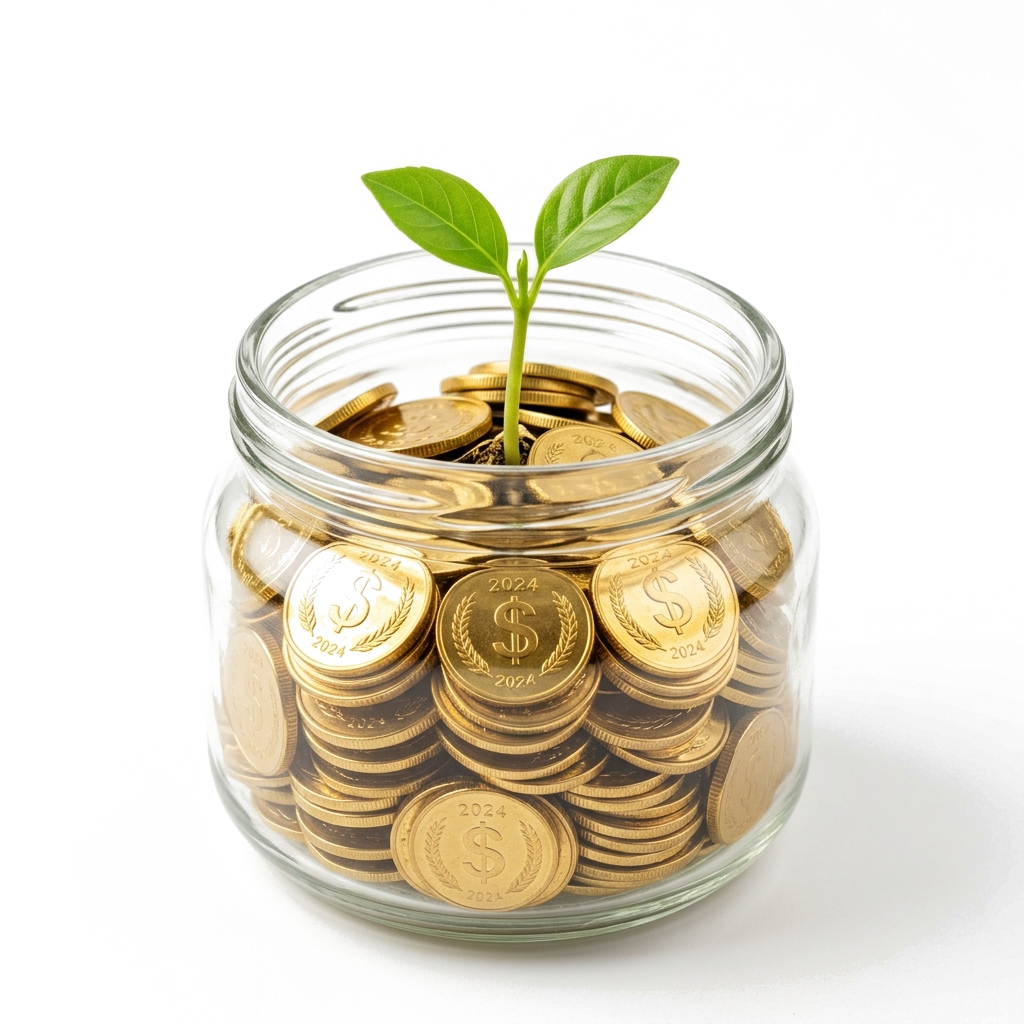 Coins and growing sprout in glass jar